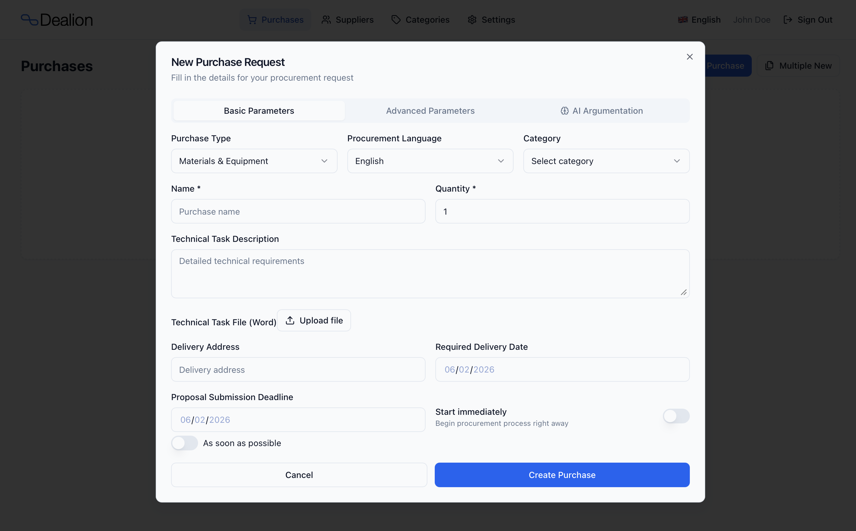 Dealion procurement dashboard: new purchase request with supplier and category controls